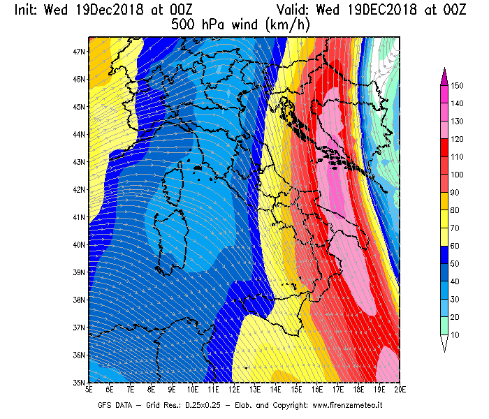 Mappa di analisi GFS - Velocità del vento a 500 hPa [km/h] in Italia
							del 19/12/2018 00 <!--googleoff: index-->UTC<!--googleon: index-->