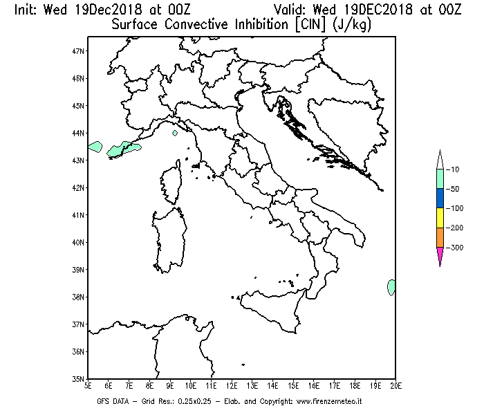 Mappa di analisi GFS - CIN [J/kg] in Italia
							del 19/12/2018 00 <!--googleoff: index-->UTC<!--googleon: index-->