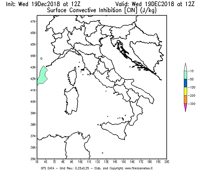 Mappa di analisi GFS - CIN [J/kg] in Italia
							del 19/12/2018 12 <!--googleoff: index-->UTC<!--googleon: index-->