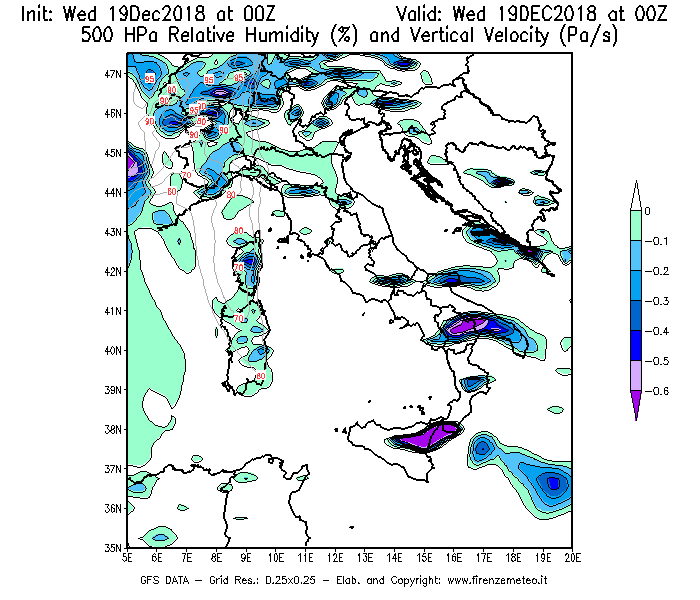 Mappa di analisi GFS - Umidità relativa [%] e Omega [Pa/s] a 500 hPa in Italia
							del 19/12/2018 00 <!--googleoff: index-->UTC<!--googleon: index-->