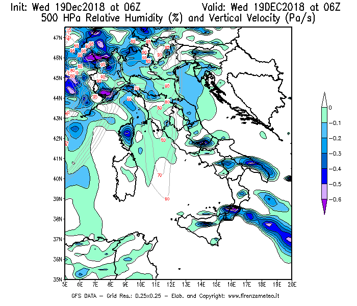 Mappa di analisi GFS - Umidità relativa [%] e Omega [Pa/s] a 500 hPa in Italia
							del 19/12/2018 06 <!--googleoff: index-->UTC<!--googleon: index-->