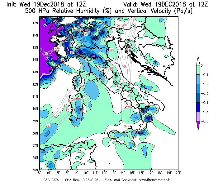 Mappa di analisi GFS - Umidità relativa [%] e Omega [Pa/s] a 500 hPa in Italia
							del 19/12/2018 12 <!--googleoff: index-->UTC<!--googleon: index-->