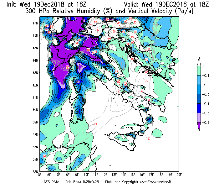 Mappa di analisi GFS - Umidità relativa [%] e Omega [Pa/s] a 500 hPa in Italia
							del 19/12/2018 18 <!--googleoff: index-->UTC<!--googleon: index-->