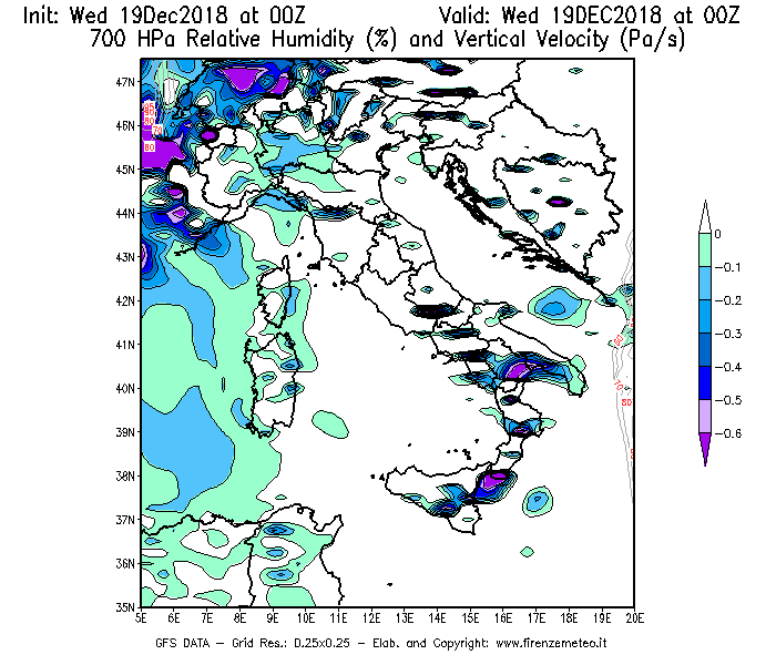 Mappa di analisi GFS - Umidità relativa [%] e Omega [Pa/s] a 700 hPa in Italia
							del 19/12/2018 00 <!--googleoff: index-->UTC<!--googleon: index-->