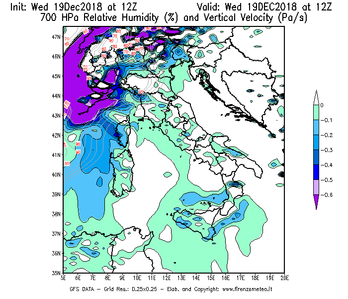 Mappa di analisi GFS - Umidità relativa [%] e Omega [Pa/s] a 700 hPa in Italia
							del 19/12/2018 12 <!--googleoff: index-->UTC<!--googleon: index-->