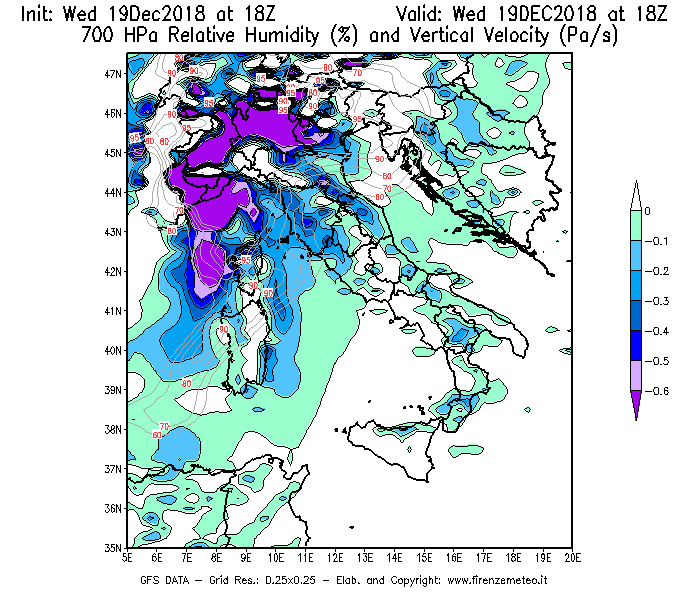 Mappa di analisi GFS - Umidità relativa [%] e Omega [Pa/s] a 700 hPa in Italia
							del 19/12/2018 18 <!--googleoff: index-->UTC<!--googleon: index-->
