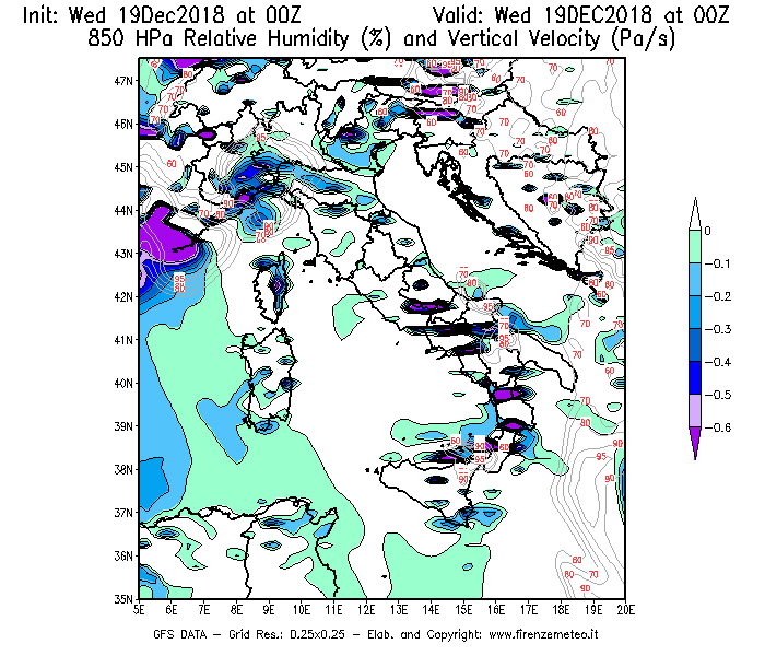 Mappa di analisi GFS - Umidità relativa [%] e Omega [Pa/s] a 850 hPa in Italia
							del 19/12/2018 00 <!--googleoff: index-->UTC<!--googleon: index-->