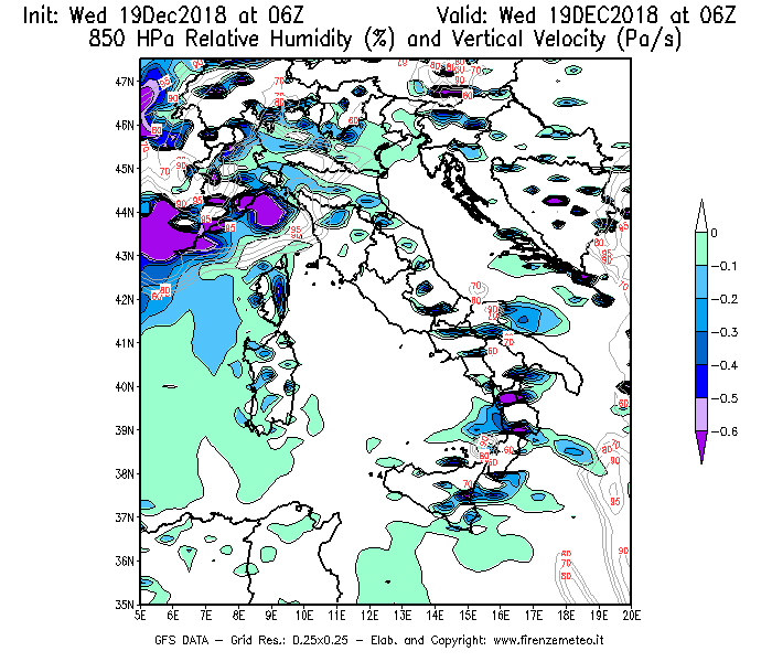 Mappa di analisi GFS - Umidità relativa [%] e Omega [Pa/s] a 850 hPa in Italia
							del 19/12/2018 06 <!--googleoff: index-->UTC<!--googleon: index-->