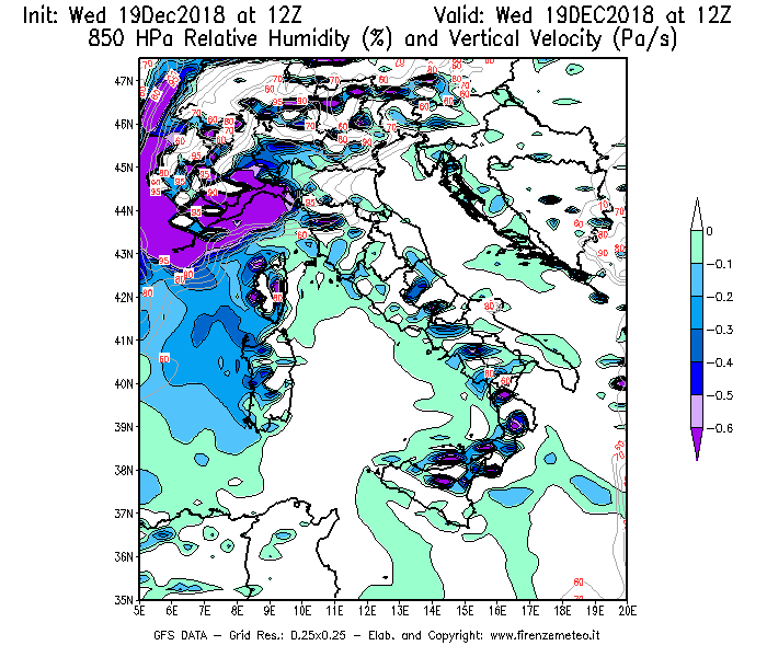 Mappa di analisi GFS - Umidità relativa [%] e Omega [Pa/s] a 850 hPa in Italia
							del 19/12/2018 12 <!--googleoff: index-->UTC<!--googleon: index-->