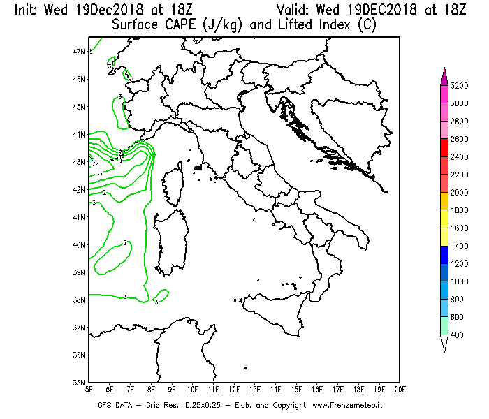 Mappa di analisi GFS - CAPE [J/kg] e Lifted Index [°C] in Italia
							del 19/12/2018 18 <!--googleoff: index-->UTC<!--googleon: index-->