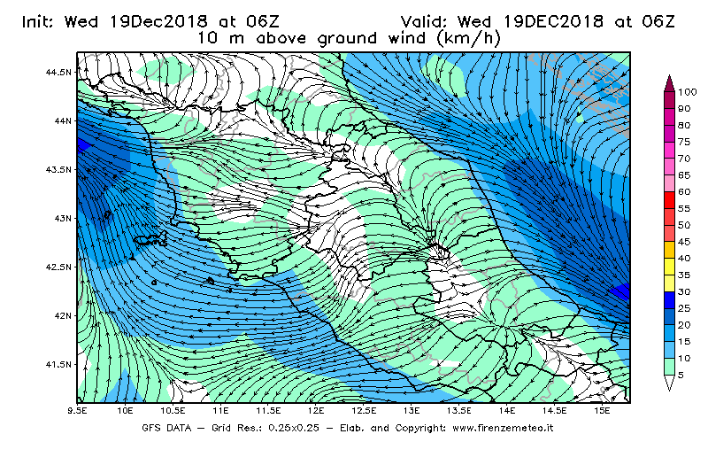 Mappa di analisi GFS - Velocità del vento a 10 metri dal suolo [km/h] in Centro-Italia
							del 19/12/2018 06 <!--googleoff: index-->UTC<!--googleon: index-->