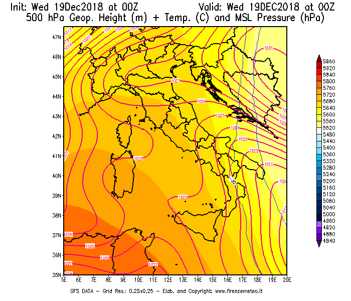 Mappa di analisi GFS - Geopotenziale [m] + Temp. [°C] a 500 hPa + Press. a livello del mare [hPa] in Italia
							del 19/12/2018 00 <!--googleoff: index-->UTC<!--googleon: index-->
