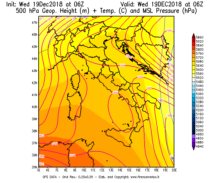 Mappa di analisi GFS - Geopotenziale [m] + Temp. [°C] a 500 hPa + Press. a livello del mare [hPa] in Italia
							del 19/12/2018 06 <!--googleoff: index-->UTC<!--googleon: index-->