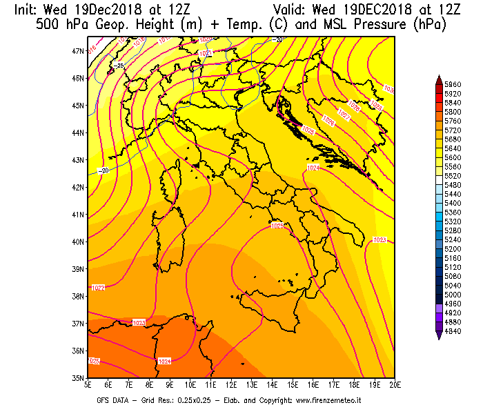 Mappa di analisi GFS - Geopotenziale [m] + Temp. [°C] a 500 hPa + Press. a livello del mare [hPa] in Italia
							del 19/12/2018 12 <!--googleoff: index-->UTC<!--googleon: index-->