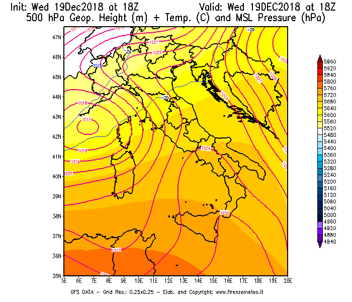 Mappa di analisi GFS - Geopotenziale [m] + Temp. [°C] a 500 hPa + Press. a livello del mare [hPa] in Italia
							del 19/12/2018 18 <!--googleoff: index-->UTC<!--googleon: index-->