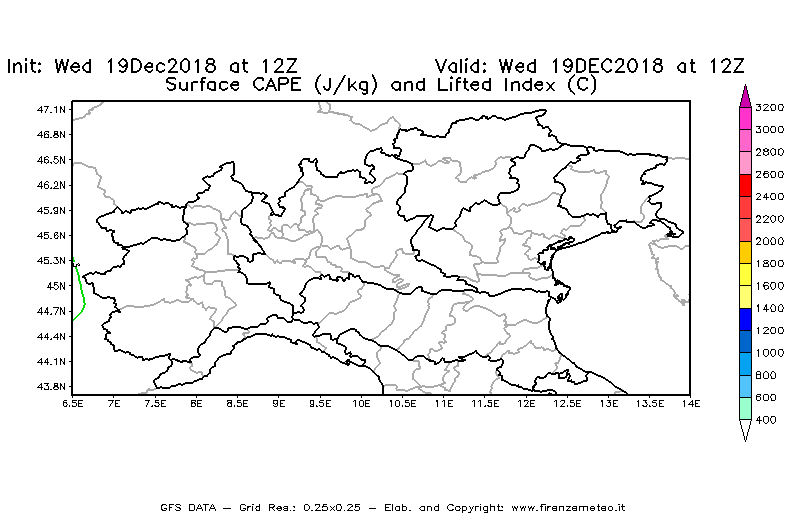 Mappa di analisi GFS - CAPE [J/kg] e Lifted Index [°C] in Nord-Italia
							del 19/12/2018 12 <!--googleoff: index-->UTC<!--googleon: index-->