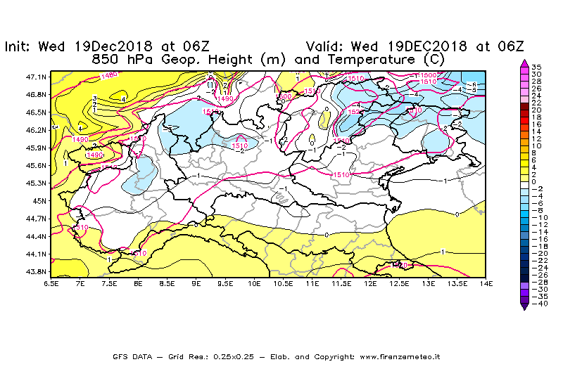 Mappa di analisi GFS - Geopotenziale [m] e Temperatura [°C] a 850 hPa in Nord-Italia
							del 19/12/2018 06 <!--googleoff: index-->UTC<!--googleon: index-->