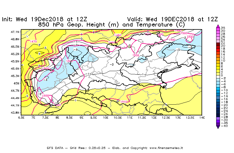 Mappa di analisi GFS - Geopotenziale [m] e Temperatura [°C] a 850 hPa in Nord-Italia
							del 19/12/2018 12 <!--googleoff: index-->UTC<!--googleon: index-->