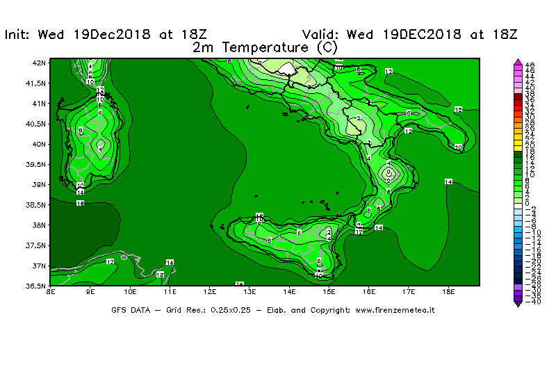 Mappa di analisi GFS - Temperatura a 2 metri dal suolo [°C] in Sud-Italia
							del 19/12/2018 18 <!--googleoff: index-->UTC<!--googleon: index-->