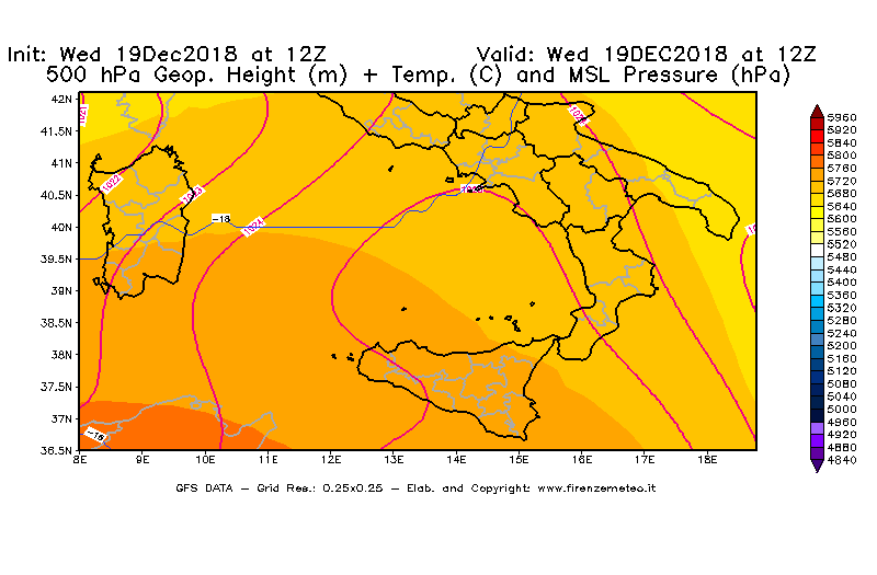 Mappa di analisi GFS - Geopotenziale [m] + Temp. [°C] a 500 hPa + Press. a livello del mare [hPa] in Sud-Italia
							del 19/12/2018 12 <!--googleoff: index-->UTC<!--googleon: index-->