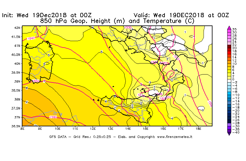 Mappa di analisi GFS - Geopotenziale [m] e Temperatura [°C] a 850 hPa in Sud-Italia
							del 19/12/2018 00 <!--googleoff: index-->UTC<!--googleon: index-->