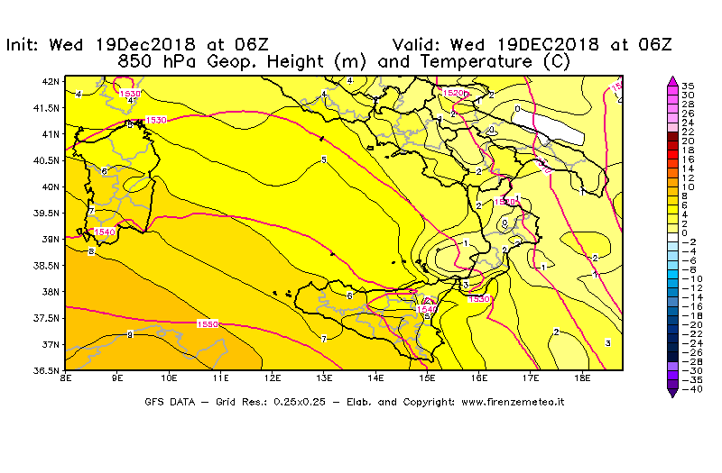 Mappa di analisi GFS - Geopotenziale [m] e Temperatura [°C] a 850 hPa in Sud-Italia
							del 19/12/2018 06 <!--googleoff: index-->UTC<!--googleon: index-->