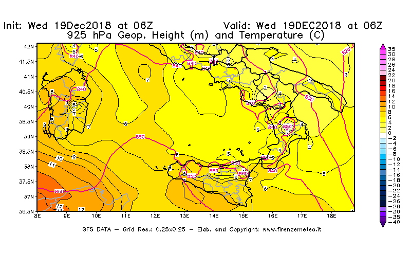 Mappa di analisi GFS - Geopotenziale [m] e Temperatura [°C] a 925 hPa in Sud-Italia
							del 19/12/2018 06 <!--googleoff: index-->UTC<!--googleon: index-->