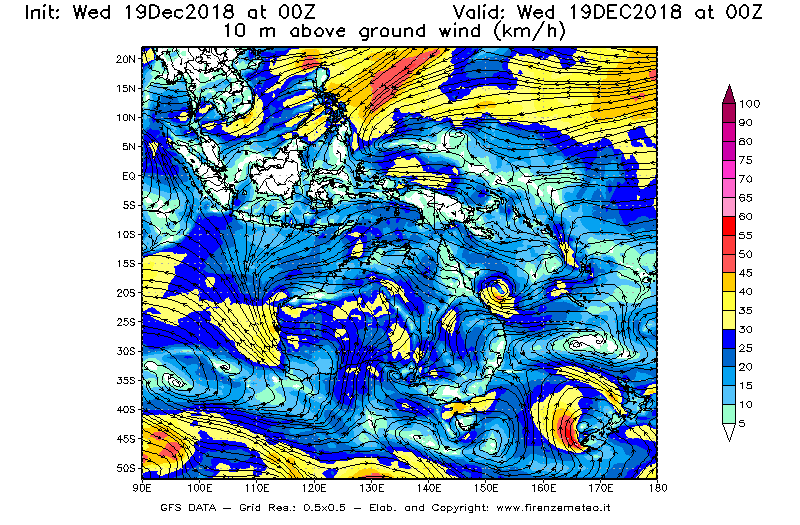 Mappa di analisi GFS - Velocità del vento a 10 metri dal suolo [km/h] in Oceania
							del 19/12/2018 00 <!--googleoff: index-->UTC<!--googleon: index-->