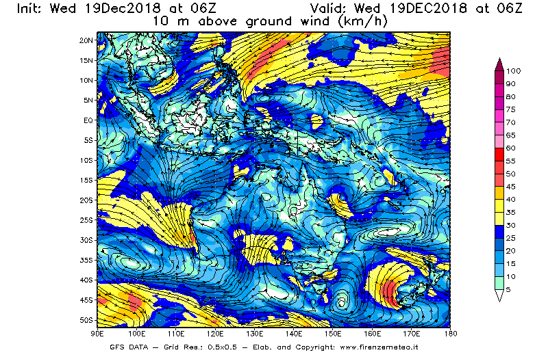 Mappa di analisi GFS - Velocità del vento a 10 metri dal suolo [km/h] in Oceania
							del 19/12/2018 06 <!--googleoff: index-->UTC<!--googleon: index-->