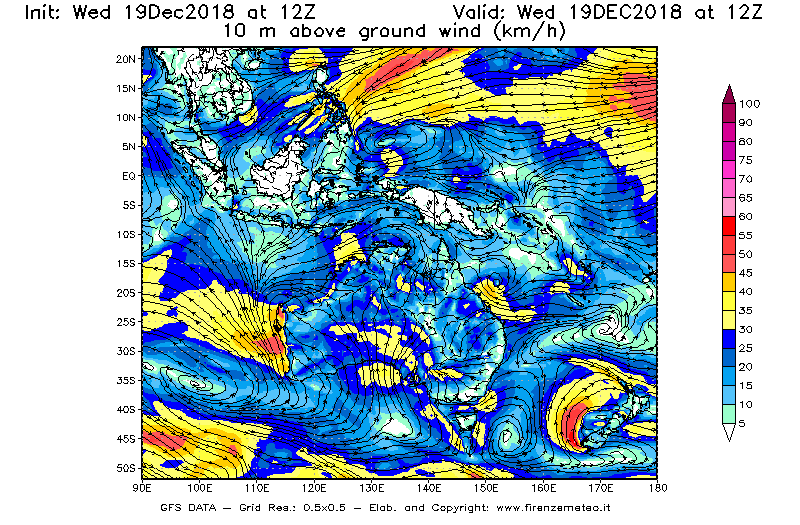 Mappa di analisi GFS - Velocità del vento a 10 metri dal suolo [km/h] in Oceania
							del 19/12/2018 12 <!--googleoff: index-->UTC<!--googleon: index-->