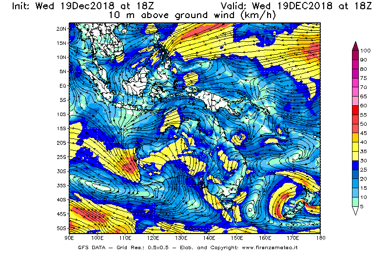 Mappa di analisi GFS - Velocità del vento a 10 metri dal suolo [km/h] in Oceania
							del 19/12/2018 18 <!--googleoff: index-->UTC<!--googleon: index-->