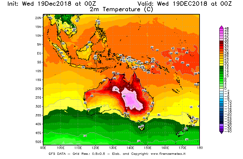 Mappa di analisi GFS - Temperatura a 2 metri dal suolo [°C] in Oceania
							del 19/12/2018 00 <!--googleoff: index-->UTC<!--googleon: index-->