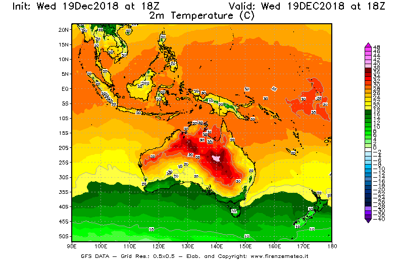 Mappa di analisi GFS - Temperatura a 2 metri dal suolo [°C] in Oceania
							del 19/12/2018 18 <!--googleoff: index-->UTC<!--googleon: index-->