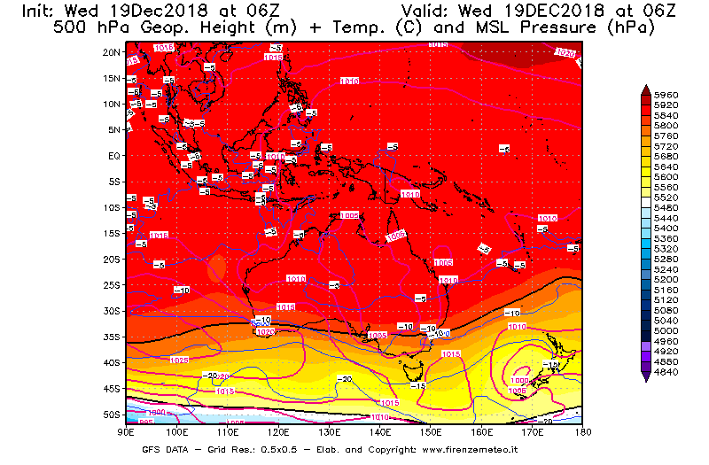 Mappa di analisi GFS - Geopotenziale [m] + Temp. [°C] a 500 hPa + Press. a livello del mare [hPa] in Oceania
							del 19/12/2018 06 <!--googleoff: index-->UTC<!--googleon: index-->