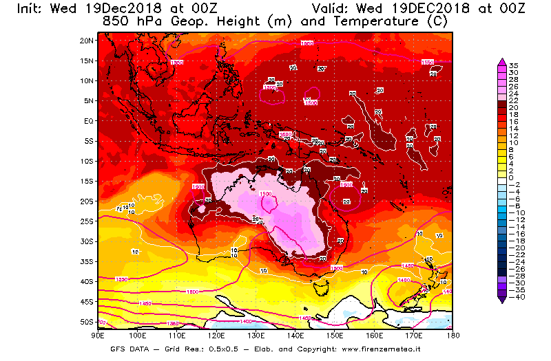 Mappa di analisi GFS - Geopotenziale [m] e Temperatura [°C] a 850 hPa in Oceania
							del 19/12/2018 00 <!--googleoff: index-->UTC<!--googleon: index-->