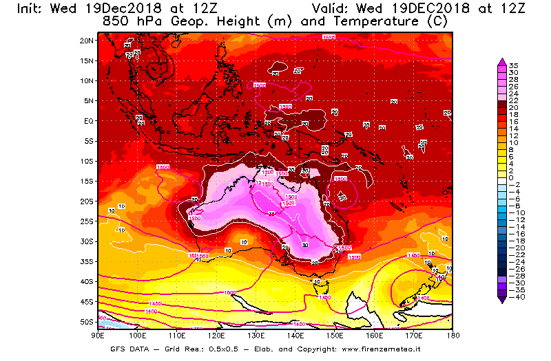 Mappa di analisi GFS - Geopotenziale [m] e Temperatura [°C] a 850 hPa in Oceania
							del 19/12/2018 12 <!--googleoff: index-->UTC<!--googleon: index-->