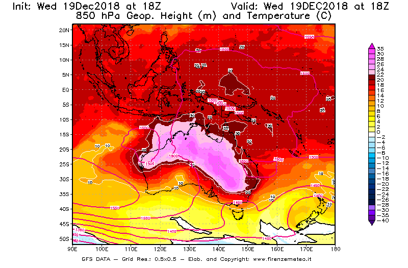 Mappa di analisi GFS - Geopotenziale [m] e Temperatura [°C] a 850 hPa in Oceania
							del 19/12/2018 18 <!--googleoff: index-->UTC<!--googleon: index-->