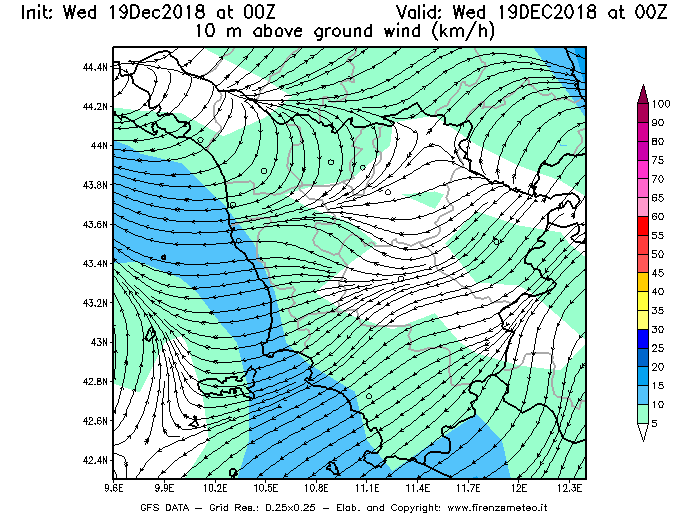 Mappa di analisi GFS - Velocità del vento a 10 metri dal suolo [km/h] in Toscana
							del 19/12/2018 00 <!--googleoff: index-->UTC<!--googleon: index-->