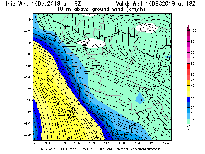 Mappa di analisi GFS - Velocità del vento a 10 metri dal suolo [km/h] in Toscana
							del 19/12/2018 18 <!--googleoff: index-->UTC<!--googleon: index-->