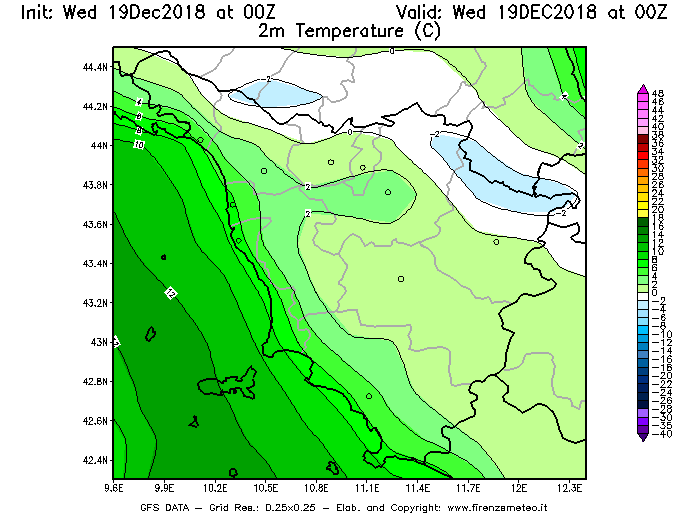 Mappa di analisi GFS - Temperatura a 2 metri dal suolo [°C] in Toscana
							del 19/12/2018 00 <!--googleoff: index-->UTC<!--googleon: index-->