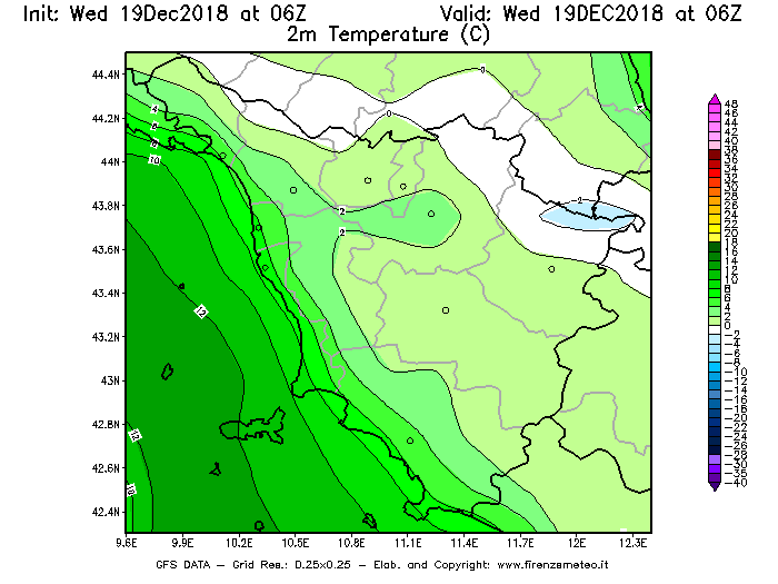 Mappa di analisi GFS - Temperatura a 2 metri dal suolo [°C] in Toscana
							del 19/12/2018 06 <!--googleoff: index-->UTC<!--googleon: index-->