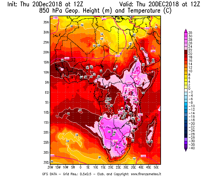 Mappa di analisi GFS - Geopotenziale [m] e Temperatura [°C] a 850 hPa in Africa
							del 20/12/2018 12 <!--googleoff: index-->UTC<!--googleon: index-->
