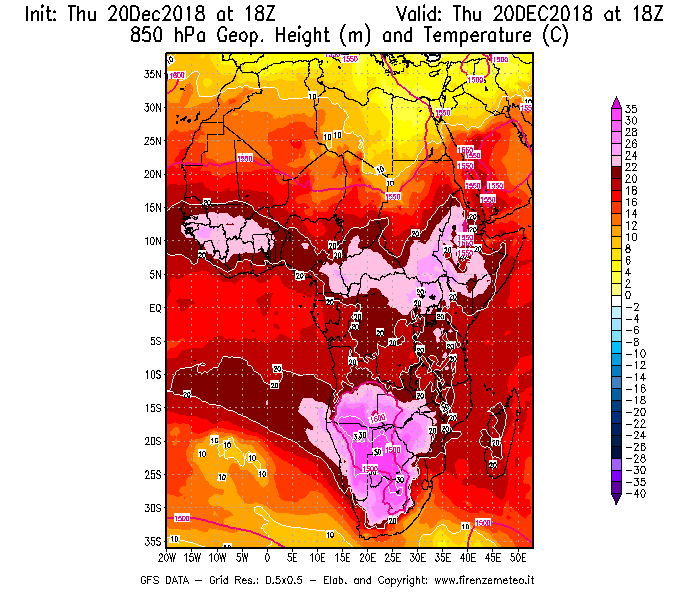 Mappa di analisi GFS - Geopotenziale [m] e Temperatura [°C] a 850 hPa in Africa
							del 20/12/2018 18 <!--googleoff: index-->UTC<!--googleon: index-->