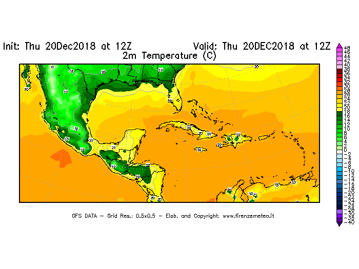 Mappa di analisi GFS - Temperatura a 2 metri dal suolo [°C] in Centro-America
							del 20/12/2018 12 <!--googleoff: index-->UTC<!--googleon: index-->