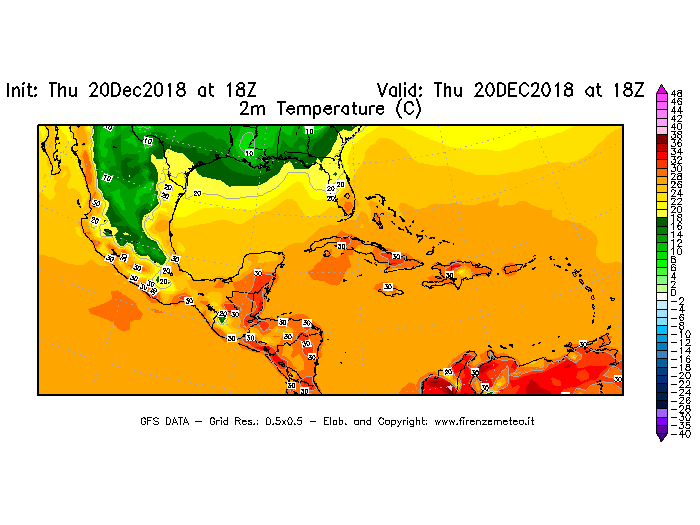 Mappa di analisi GFS - Temperatura a 2 metri dal suolo [°C] in Centro-America
							del 20/12/2018 18 <!--googleoff: index-->UTC<!--googleon: index-->