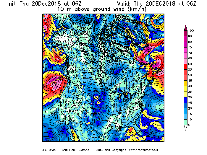 Mappa di analisi GFS - Velocità del vento a 10 metri dal suolo [km/h] in Nord-America
							del 20/12/2018 06 <!--googleoff: index-->UTC<!--googleon: index-->
