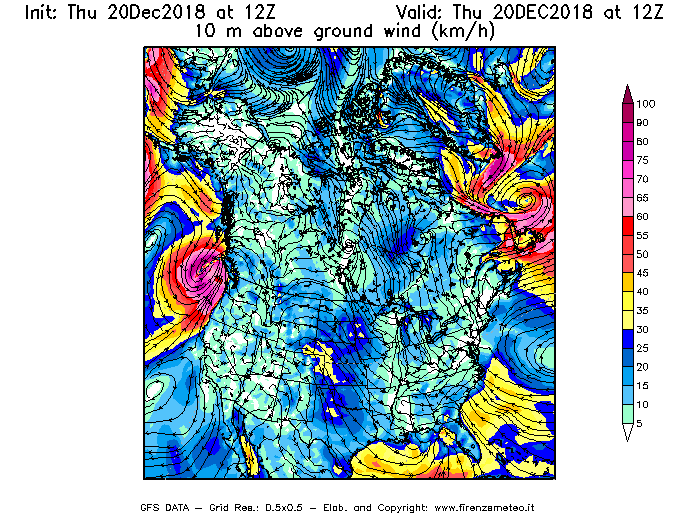Mappa di analisi GFS - Velocità del vento a 10 metri dal suolo [km/h] in Nord-America
							del 20/12/2018 12 <!--googleoff: index-->UTC<!--googleon: index-->