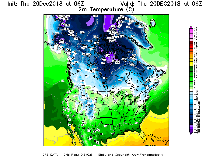 Mappa di analisi GFS - Temperatura a 2 metri dal suolo [°C] in Nord-America
							del 20/12/2018 06 <!--googleoff: index-->UTC<!--googleon: index-->