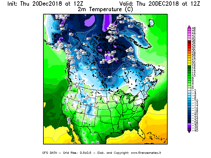 Mappa di analisi GFS - Temperatura a 2 metri dal suolo [°C] in Nord-America
							del 20/12/2018 12 <!--googleoff: index-->UTC<!--googleon: index-->