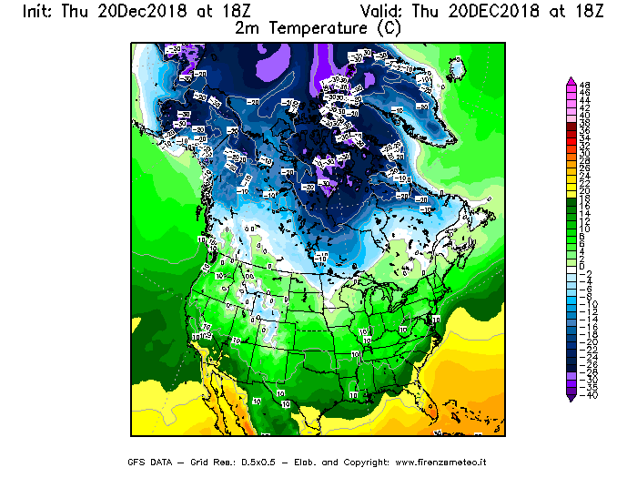 Mappa di analisi GFS - Temperatura a 2 metri dal suolo [°C] in Nord-America
							del 20/12/2018 18 <!--googleoff: index-->UTC<!--googleon: index-->